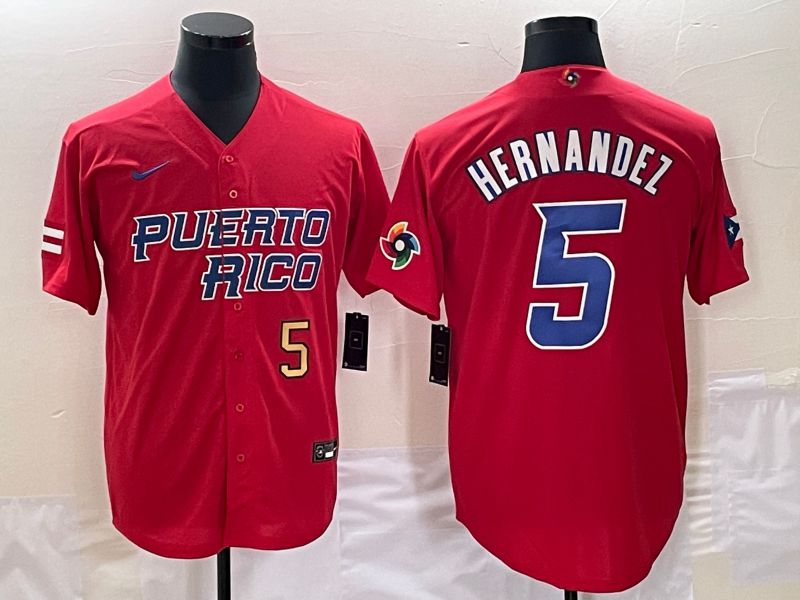 Men 2023 World Cub Puerto Rico 5 Hernandez Red Nike MLB Jersey2